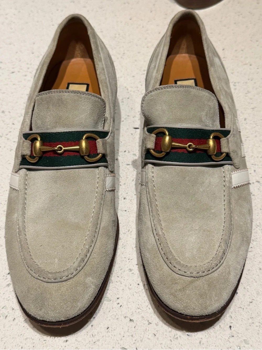 Gucci Men's Suede Horsebit Loafers in Light Gray with Green-Red Web